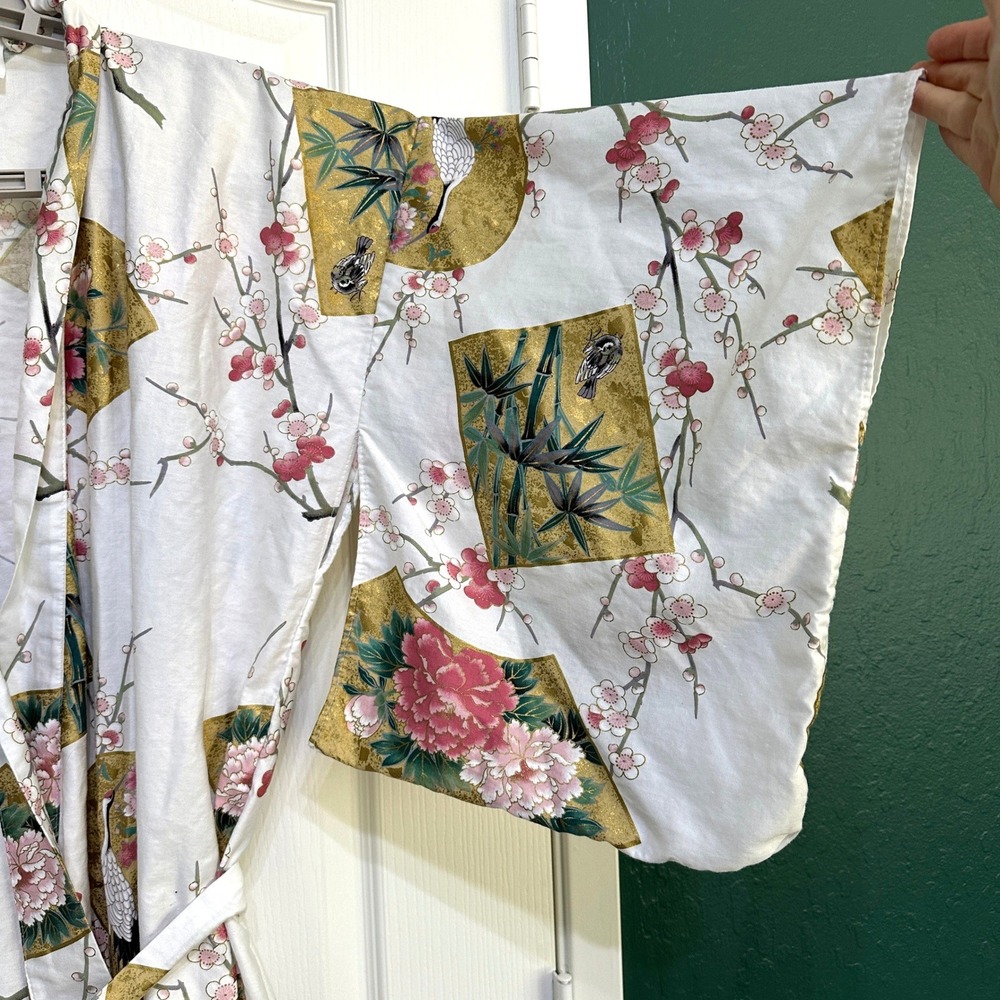 Authentic Japanese Yukata Kimono Robe Cotton OS Crane Floral Made in Japan VTG - Picture 5 of 11